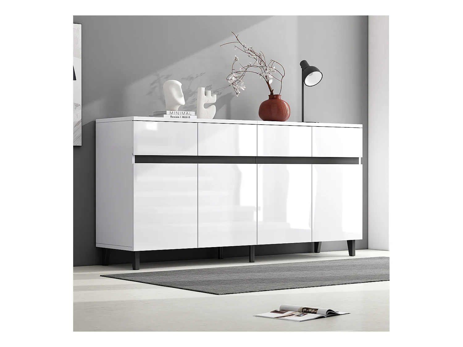 Buffet bas avec 4 portes et 4 tiroirs - 160 x 40 x 68 cm - Panneau de particules - Etagères réglables - Blanc brillant