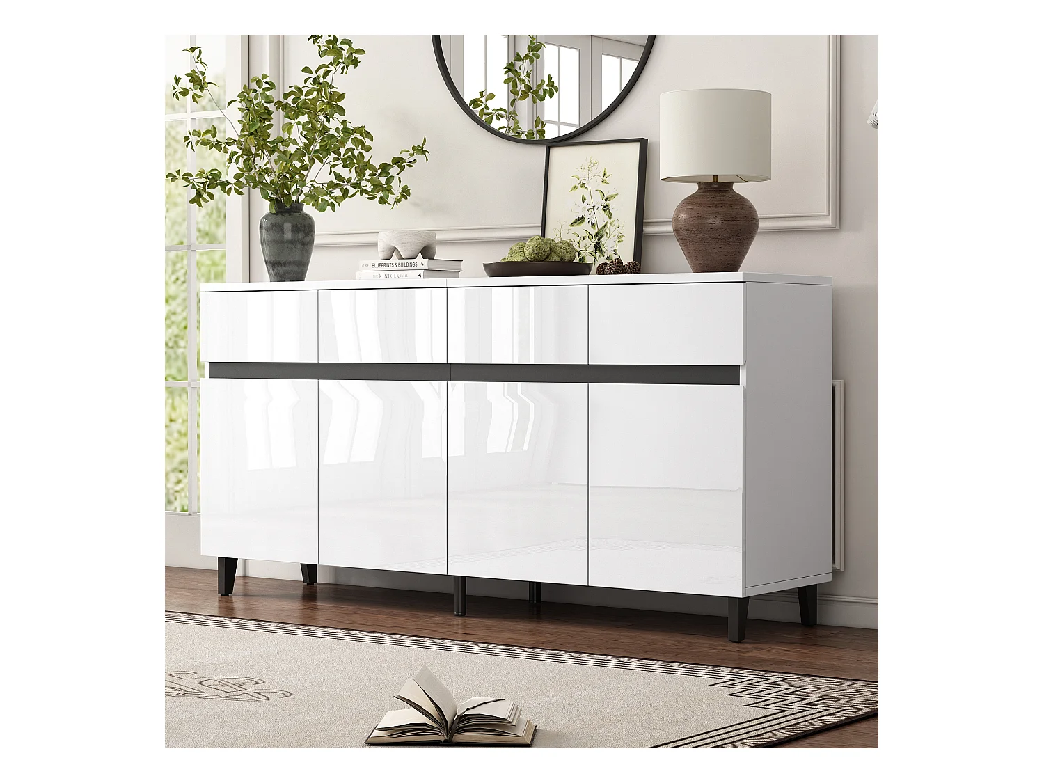 Buffet bas avec 4 portes et 4 tiroirs - 160 x 40 x 68 cm - Panneau de particules - Etagères réglables - Blanc brillant