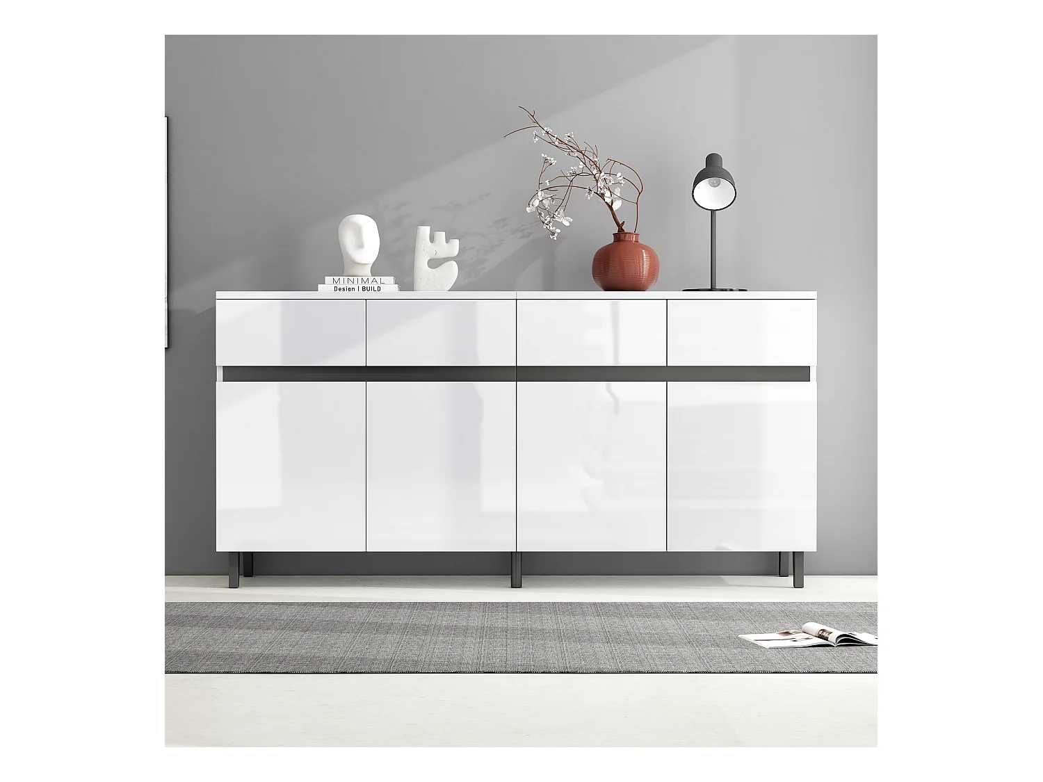 Buffet bas avec 4 portes et 4 tiroirs - 160 x 40 x 68 cm - Panneau de particules - Etagères réglables - Blanc brillant