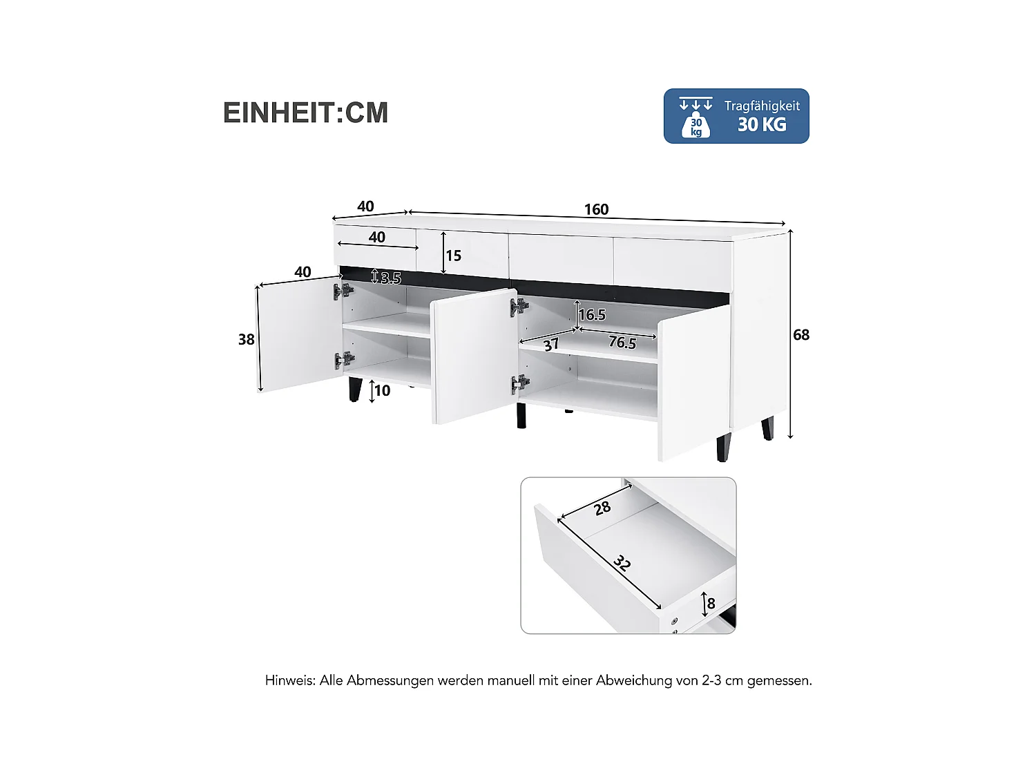 Buffet bas avec 4 portes et 4 tiroirs - 160 x 40 x 68 cm - Panneau de particules - Etagères réglables - Blanc brillant