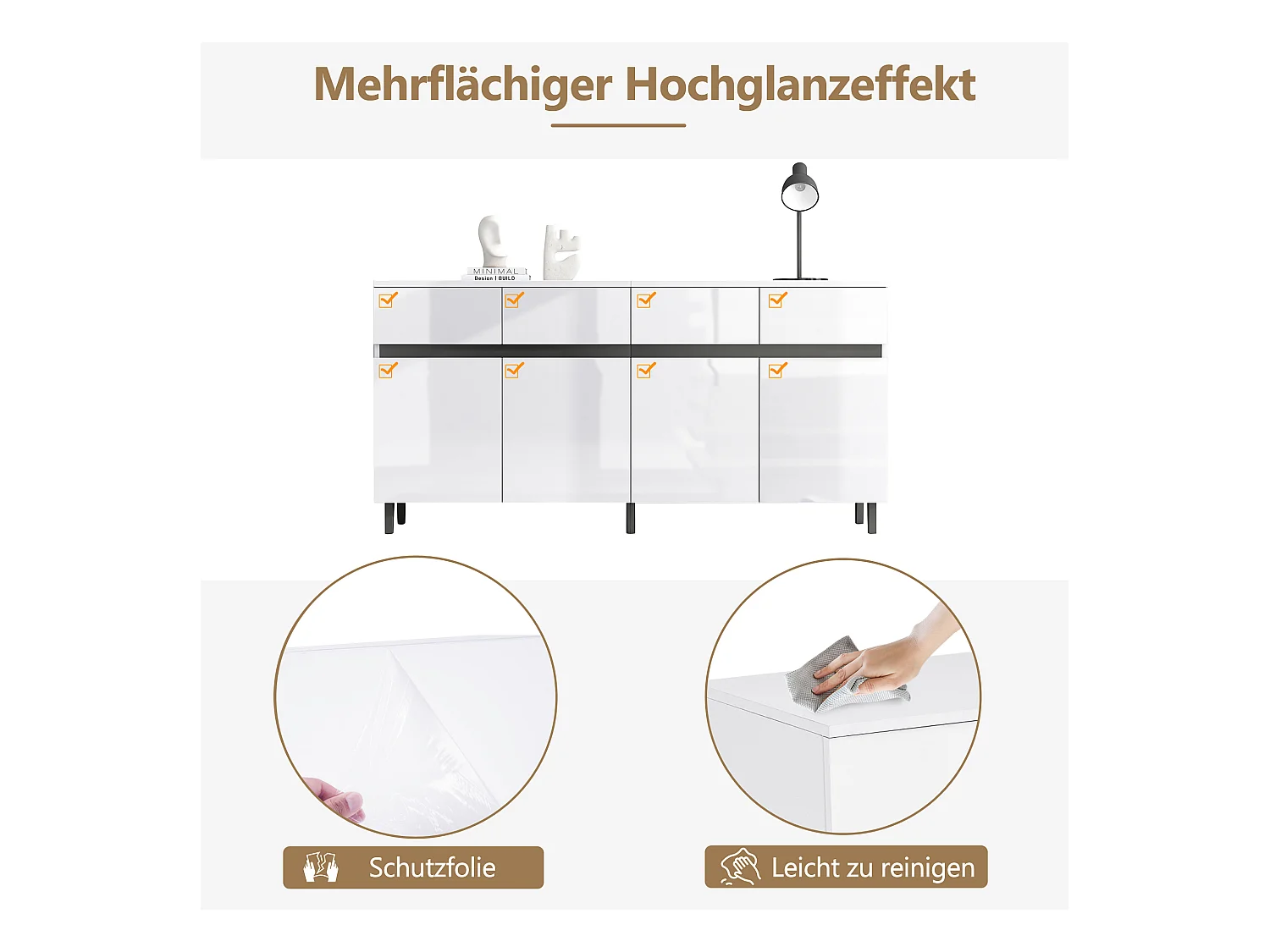 Buffet bas avec 4 portes et 4 tiroirs - 160 x 40 x 68 cm - Panneau de particules - Etagères réglables - Blanc brillant