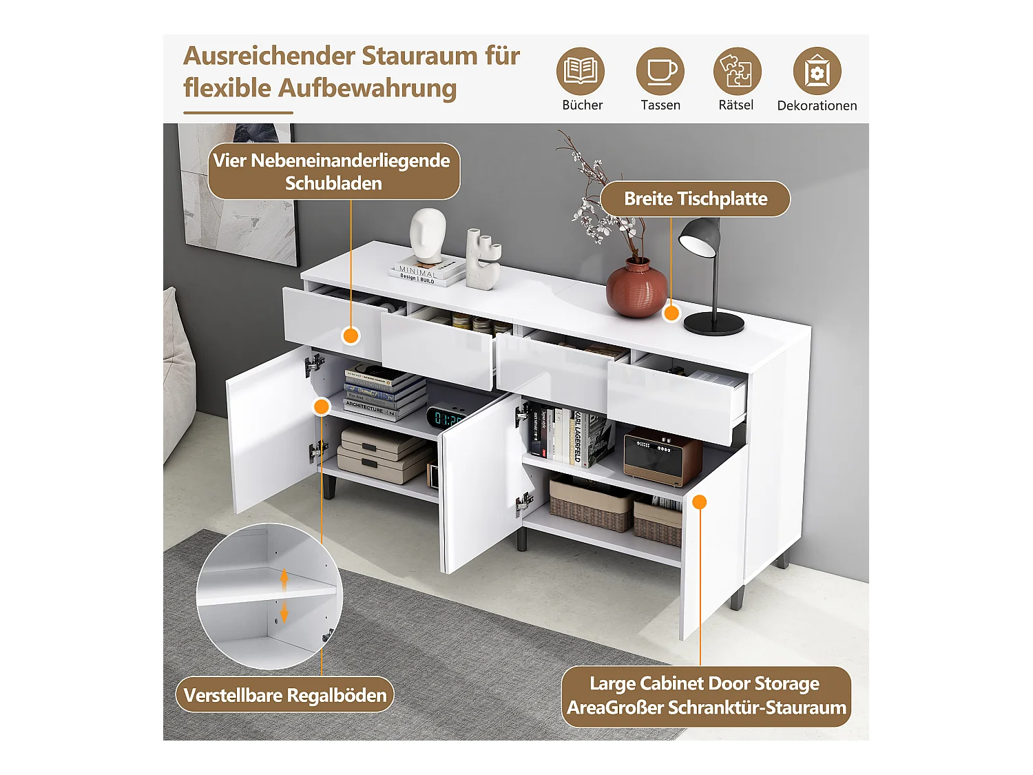 Buffet bas avec 4 portes et 4 tiroirs - 160 x 40 x 68 cm - Panneau de particules - Etagères réglables - Blanc brillant