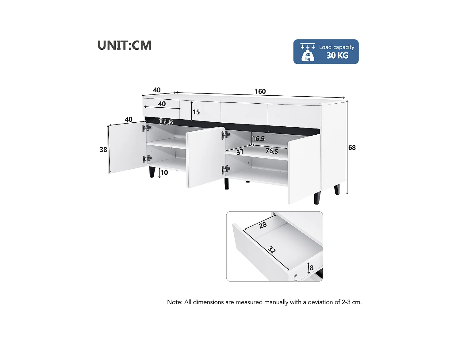 Buffet bas avec 4 portes et 4 tiroirs - 160 x 40 x 68 cm - Panneau de particules - Etagères réglables - Blanc brillant