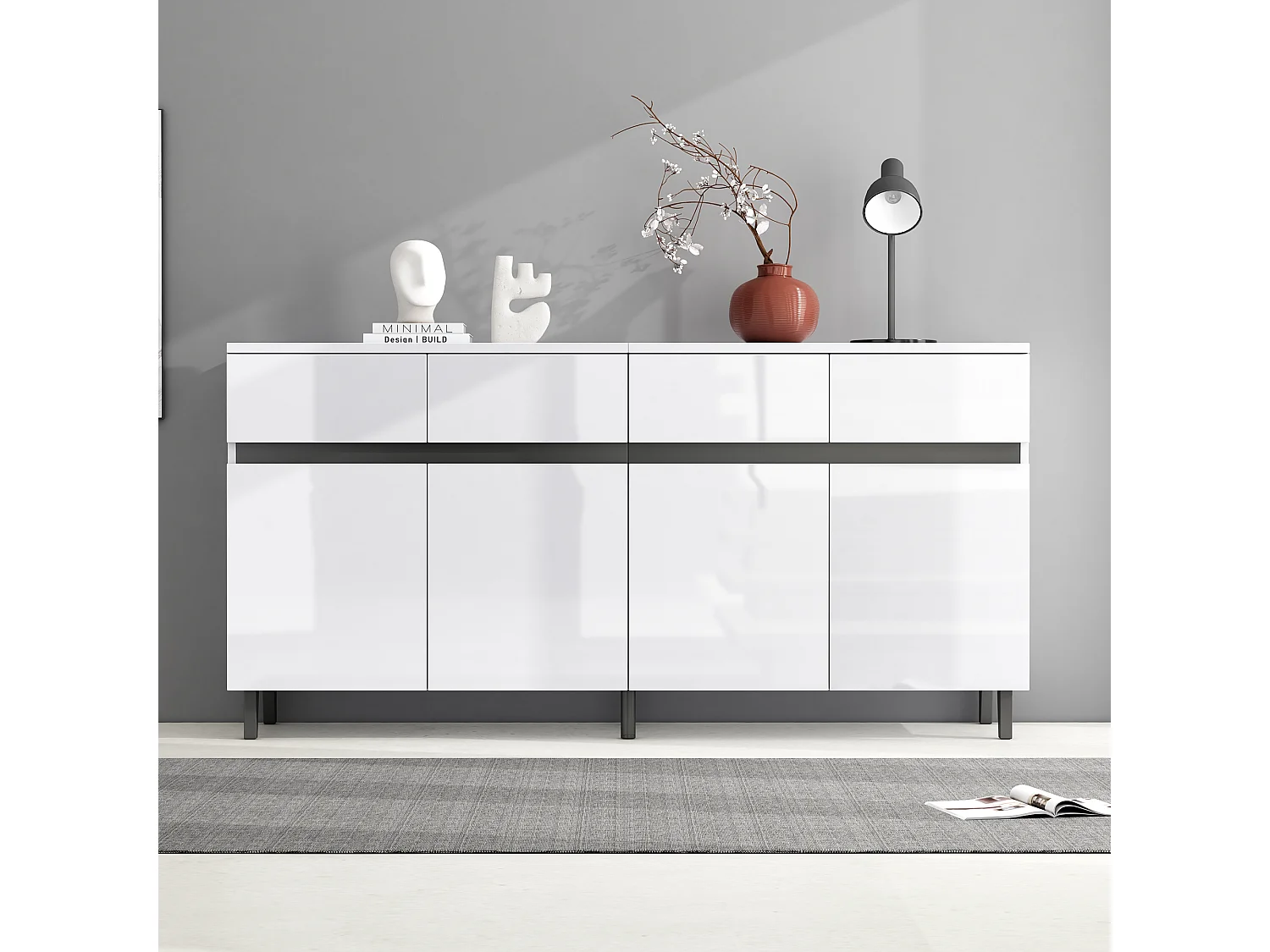 Buffet bas avec 4 portes et 4 tiroirs - 160 x 40 x 68 cm - Panneau de particules - Etagères réglables - Blanc brillant