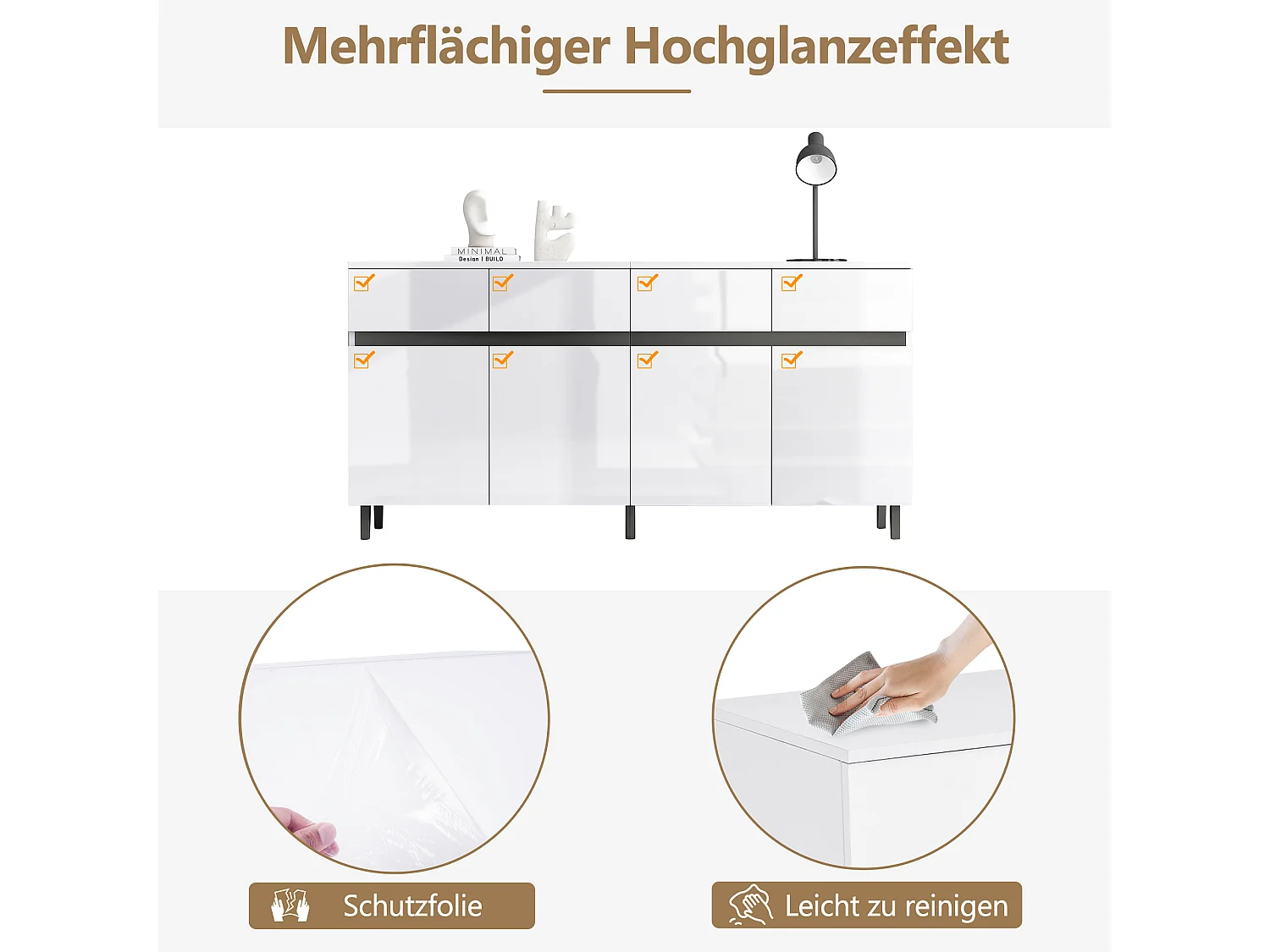 Buffet bas avec 4 portes et 4 tiroirs - 160 x 40 x 68 cm - Panneau de particules - Etagères réglables - Blanc brillant