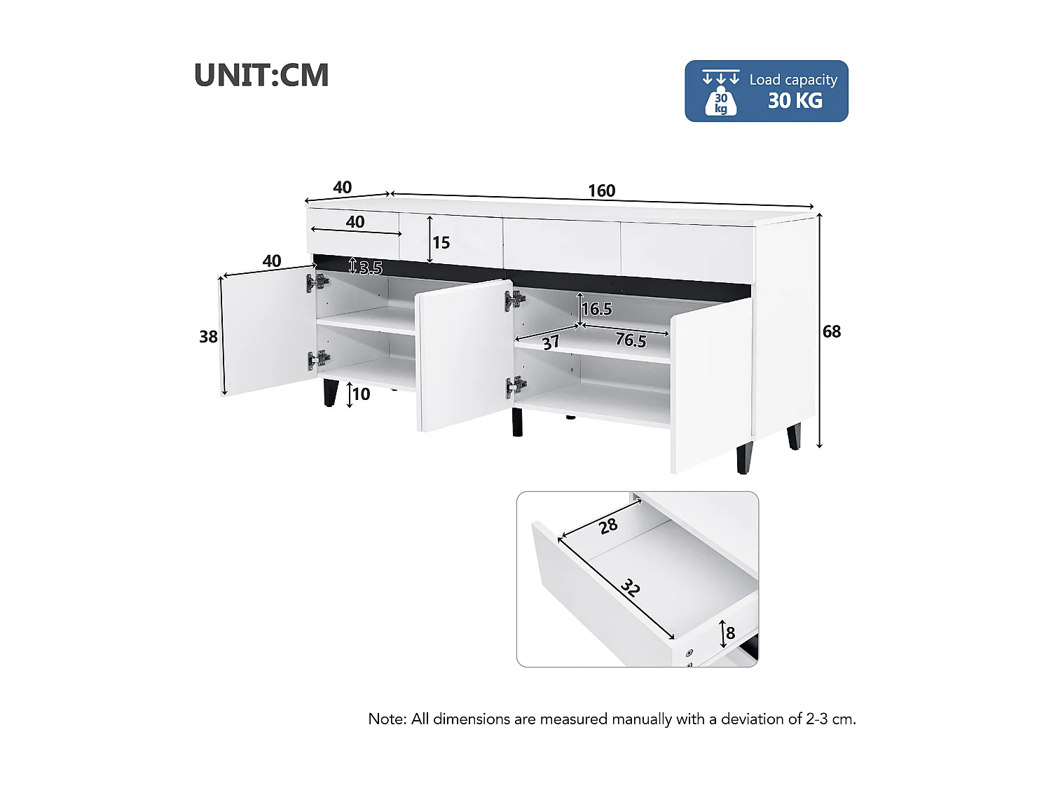 Buffet bas avec 4 portes et 4 tiroirs - 160 x 40 x 68 cm - Panneau de particules - Etagères réglables - Blanc brillant