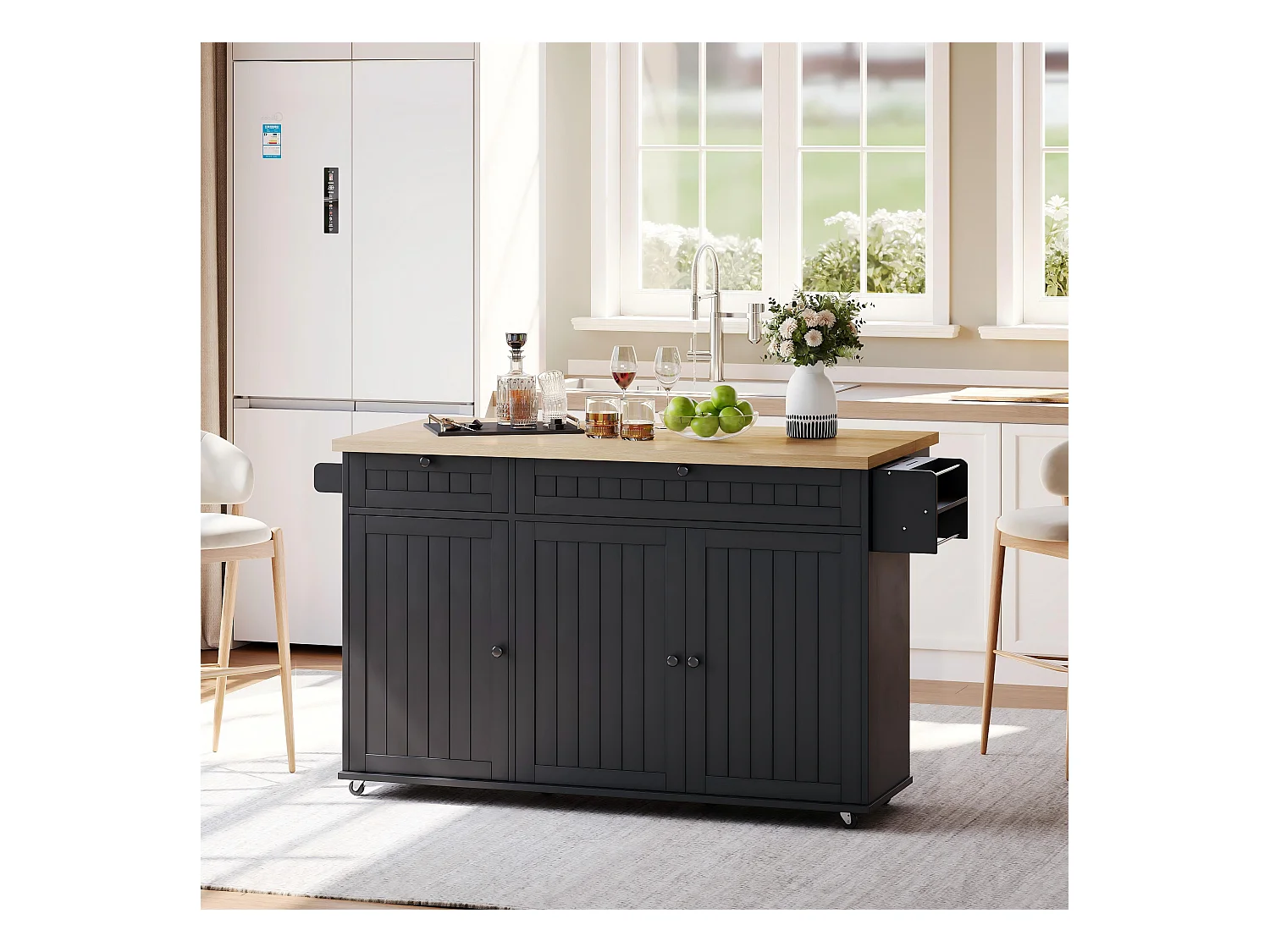 Carrello da cucina con piano ribaltabile, 2 cassetti e 3 ante, 6 ruote bloccabili, nero