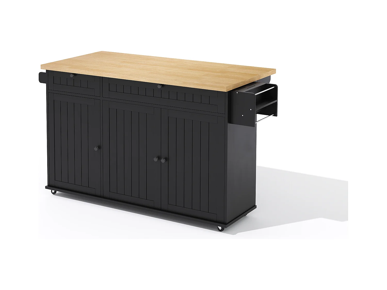 Carrello da cucina con piano ribaltabile, 2 cassetti e 3 ante, 6 ruote bloccabili, nero