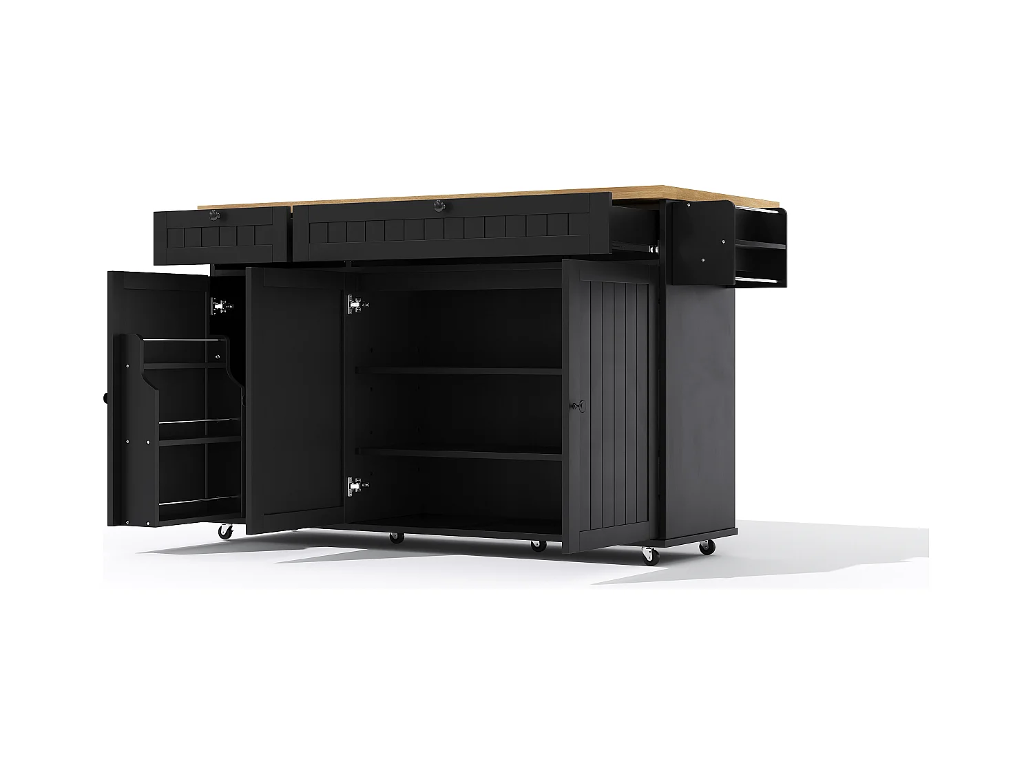 Carrello da cucina con piano ribaltabile, 2 cassetti e 3 ante, 6 ruote bloccabili, nero