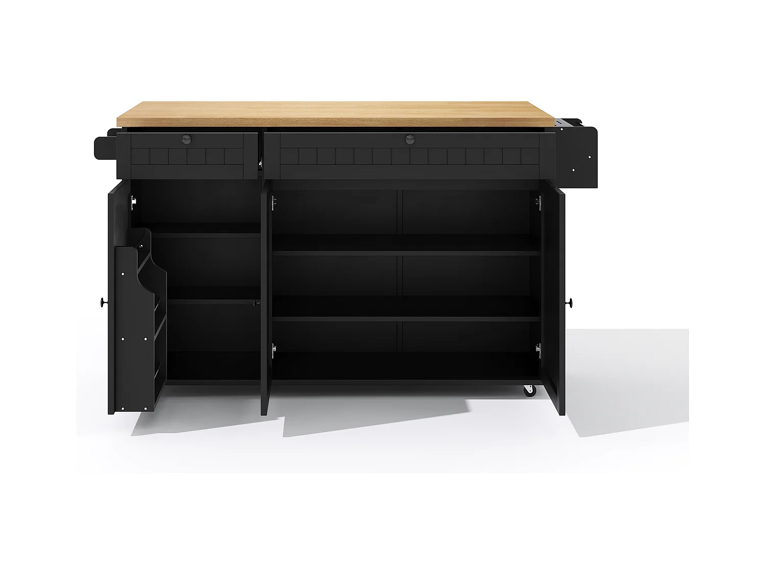 Carrello da cucina con piano ribaltabile, 2 cassetti e 3 ante, 6 ruote bloccabili, nero