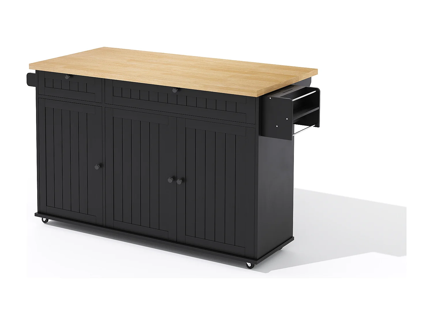 Carrello da cucina con piano ribaltabile, 2 cassetti e 3 ante, 6 ruote bloccabili, nero