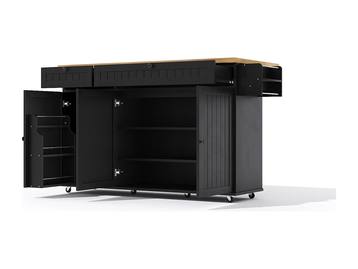 Carrello da cucina con piano ribaltabile, 2 cassetti e 3 ante, 6 ruote bloccabili, nero