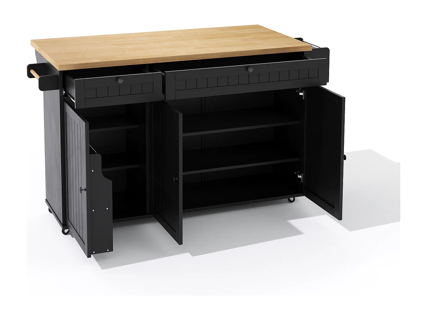 Carrello da cucina con piano ribaltabile, 2 cassetti e 3 ante, 6 ruote bloccabili, nero