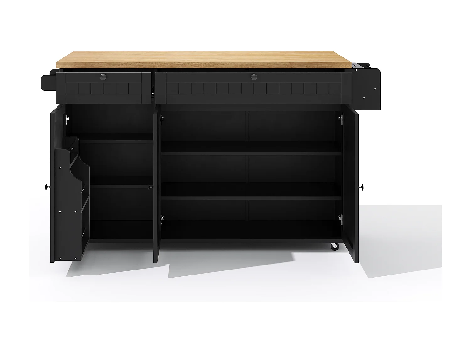 Carrello da cucina con piano ribaltabile, 2 cassetti e 3 ante, 6 ruote bloccabili, nero