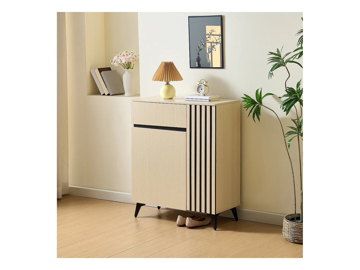 Meuble à chaussures avec 2 portes et 1 tiroir - 75 x 35 x 90 cm - avec étagères réglables - MDF - naturel