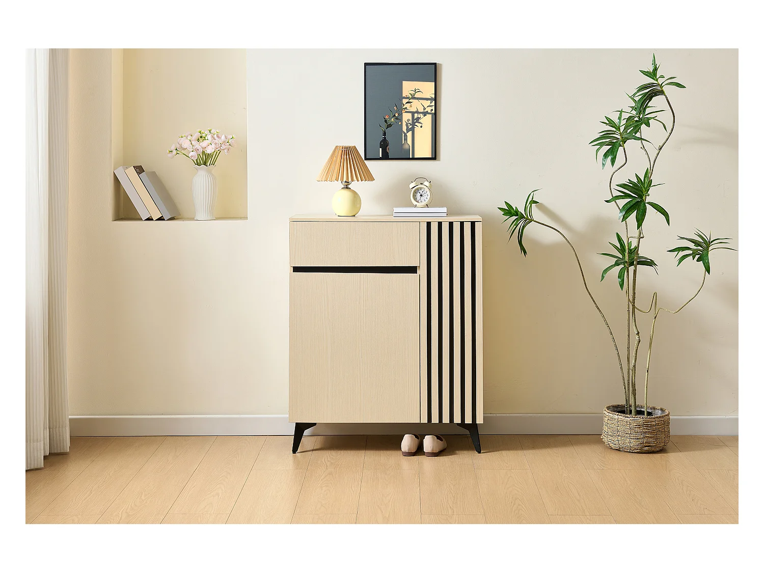 Meuble à chaussures avec 2 portes et 1 tiroir - 75 x 35 x 90 cm - avec étagères réglables - MDF - naturel