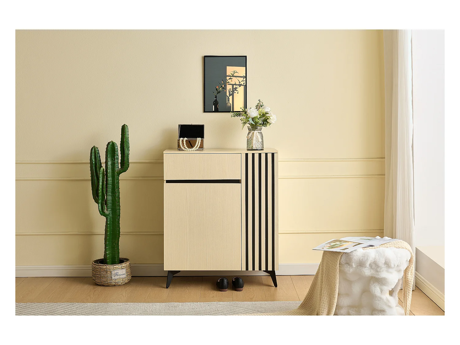 Meuble à chaussures avec 2 portes et 1 tiroir - 75 x 35 x 90 cm - avec étagères réglables - MDF - naturel