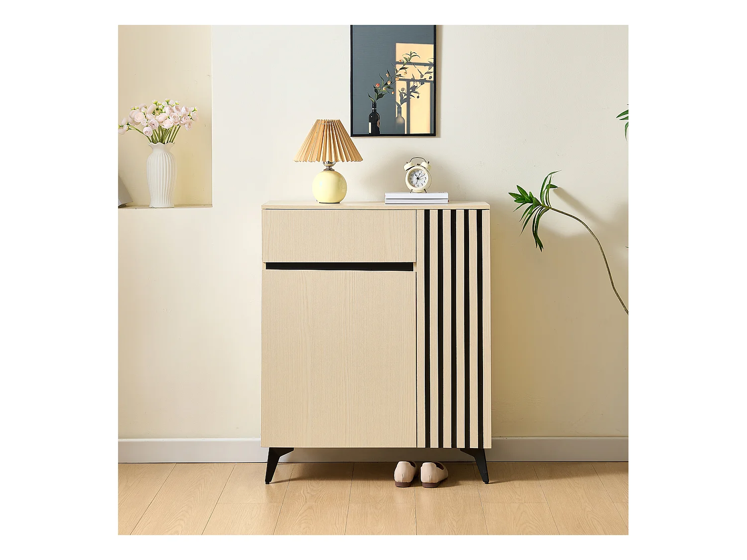 Meuble à chaussures avec 2 portes et 1 tiroir - 75 x 35 x 90 cm - avec étagères réglables - MDF - naturel