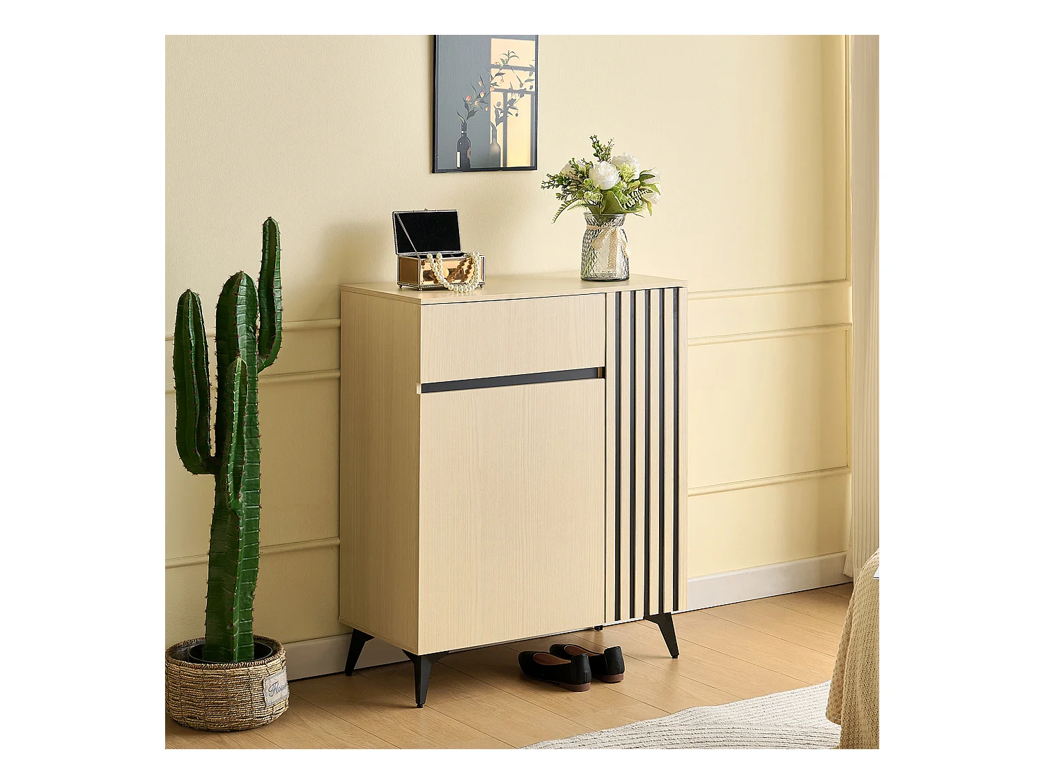 Meuble à chaussures avec 2 portes et 1 tiroir - 75 x 35 x 90 cm - avec étagères réglables - MDF - naturel