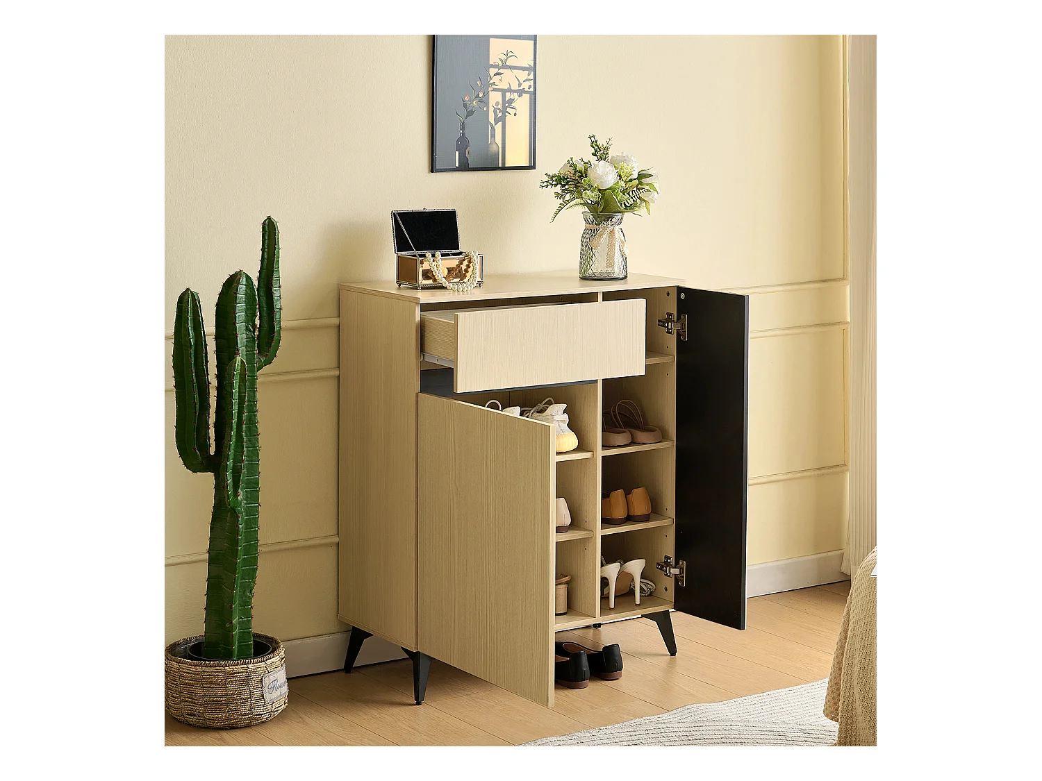 Meuble à chaussures avec 2 portes et 1 tiroir - 75 x 35 x 90 cm - avec étagères réglables - MDF - naturel