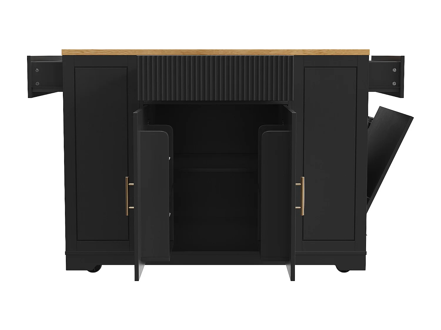 Desserte de cuisine noire avec 2 portes, 3 tiroirs et compartiment poubelle, poignées en métal, plateau en grain de bois