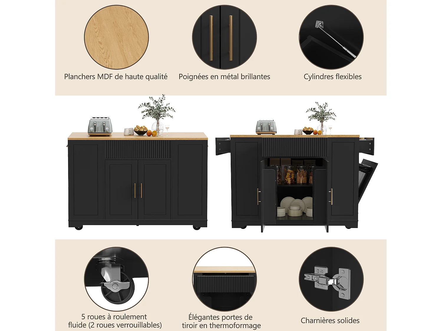 Desserte de cuisine noire avec 2 portes, 3 tiroirs et compartiment poubelle, poignées en métal, plateau en grain de bois