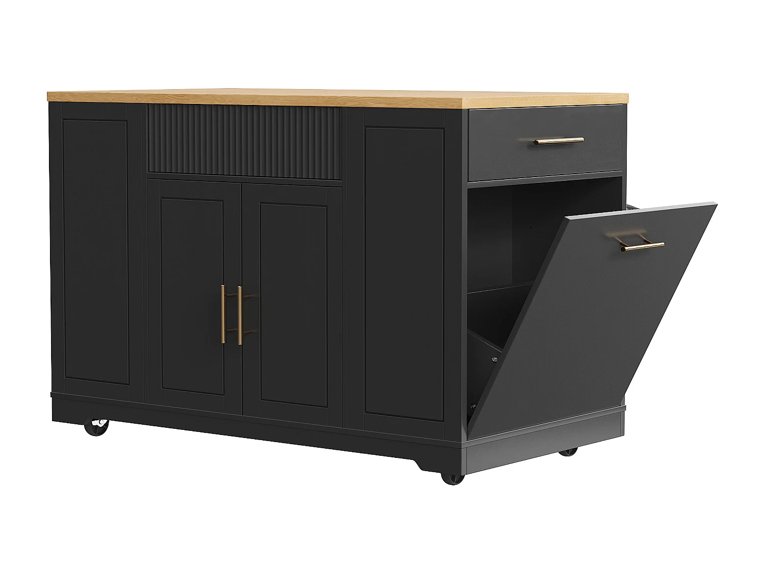 Desserte de cuisine noire avec 2 portes, 3 tiroirs et compartiment poubelle, poignées en métal, plateau en grain de bois