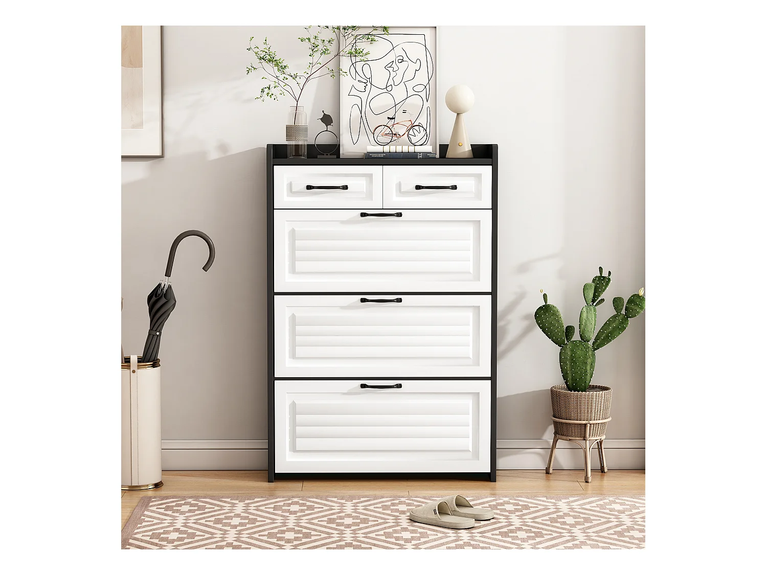 Meuble à chaussures rotatif - 80 x 23.5 x 131 cm - avec 3 abattants + 2 tiroirs - aggloméré - blanc + noir