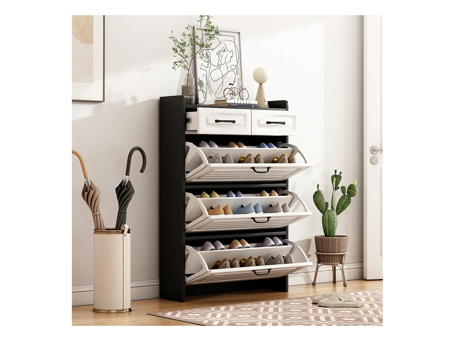 Meuble à chaussures rotatif - 80 x 23.5 x 131 cm - avec 3 abattants + 2 tiroirs - aggloméré - blanc + noir