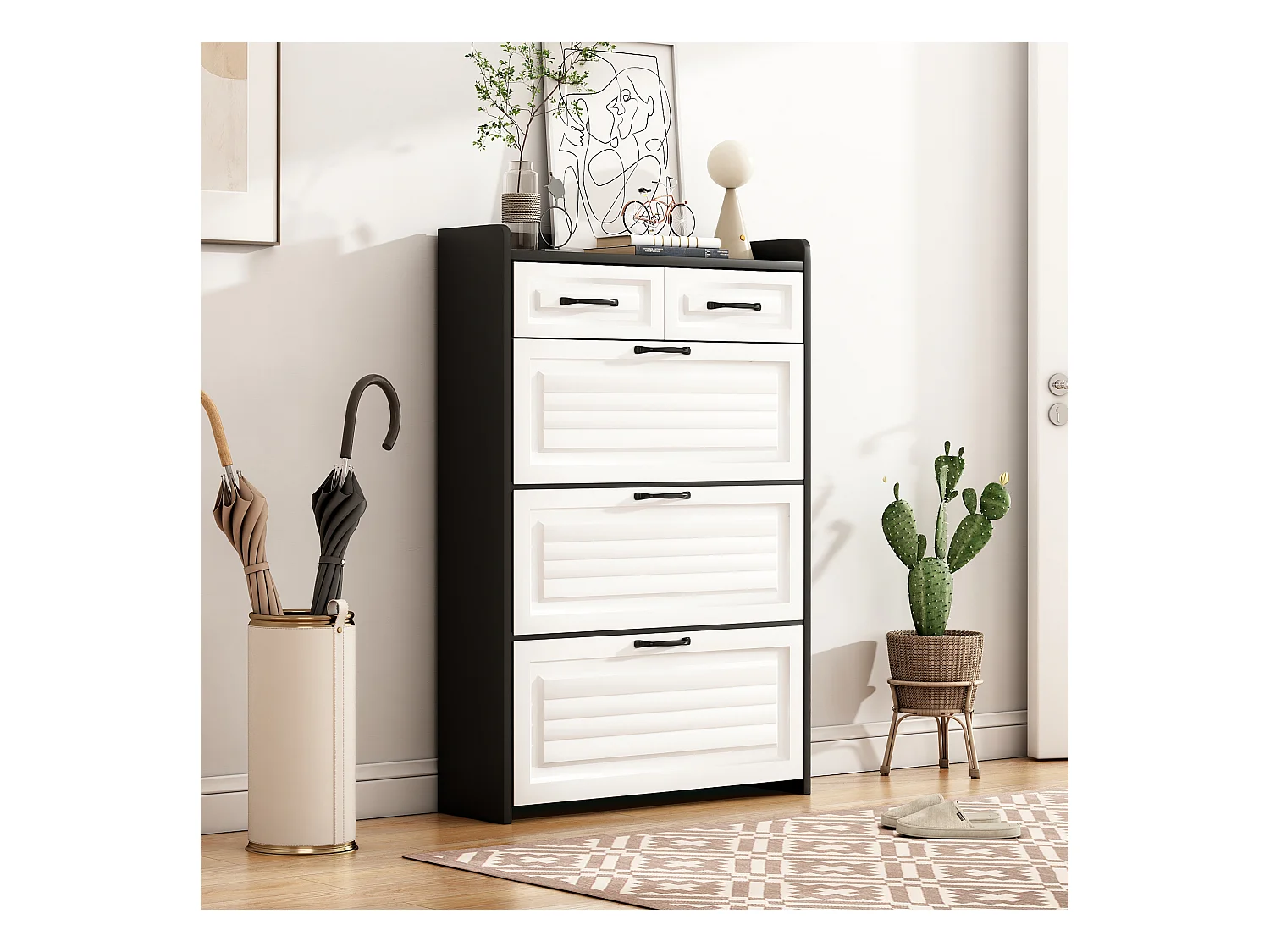 Meuble à chaussures rotatif - 80 x 23.5 x 131 cm - avec 3 abattants + 2 tiroirs - aggloméré - blanc + noir