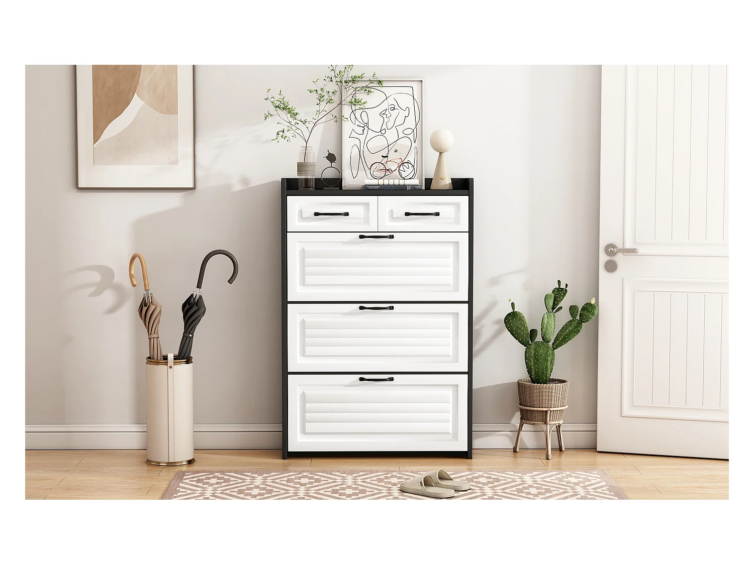 Meuble à chaussures rotatif - 80 x 23.5 x 131 cm - avec 3 abattants + 2 tiroirs - aggloméré - blanc + noir