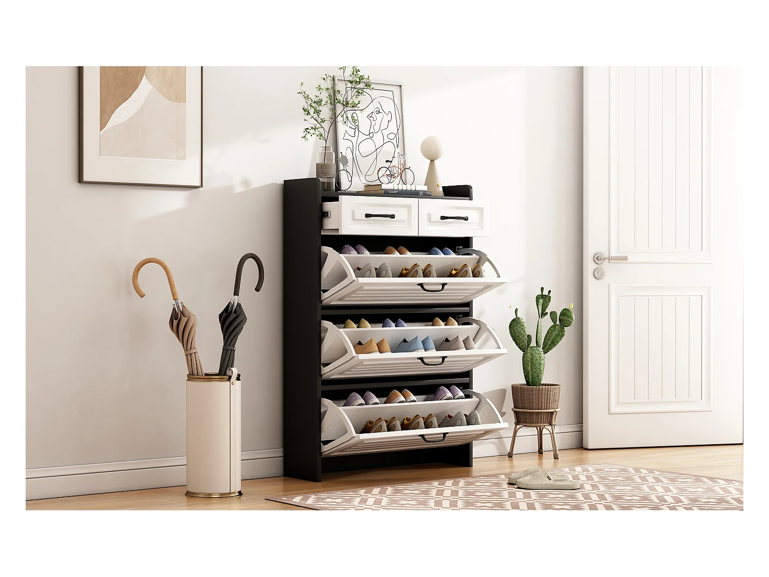 Meuble à chaussures rotatif - 80 x 23.5 x 131 cm - avec 3 abattants + 2 tiroirs - aggloméré - blanc + noir