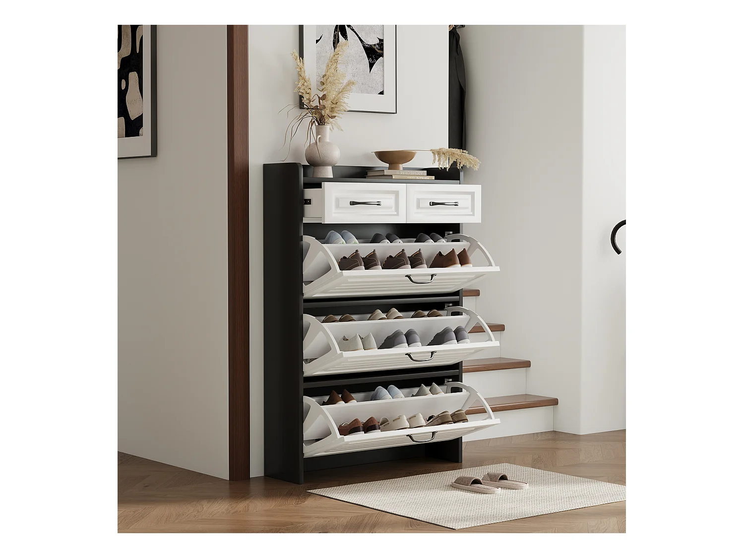 Meuble à chaussures rotatif - 80 x 23.5 x 131 cm - avec 3 abattants + 2 tiroirs - aggloméré - blanc + noir