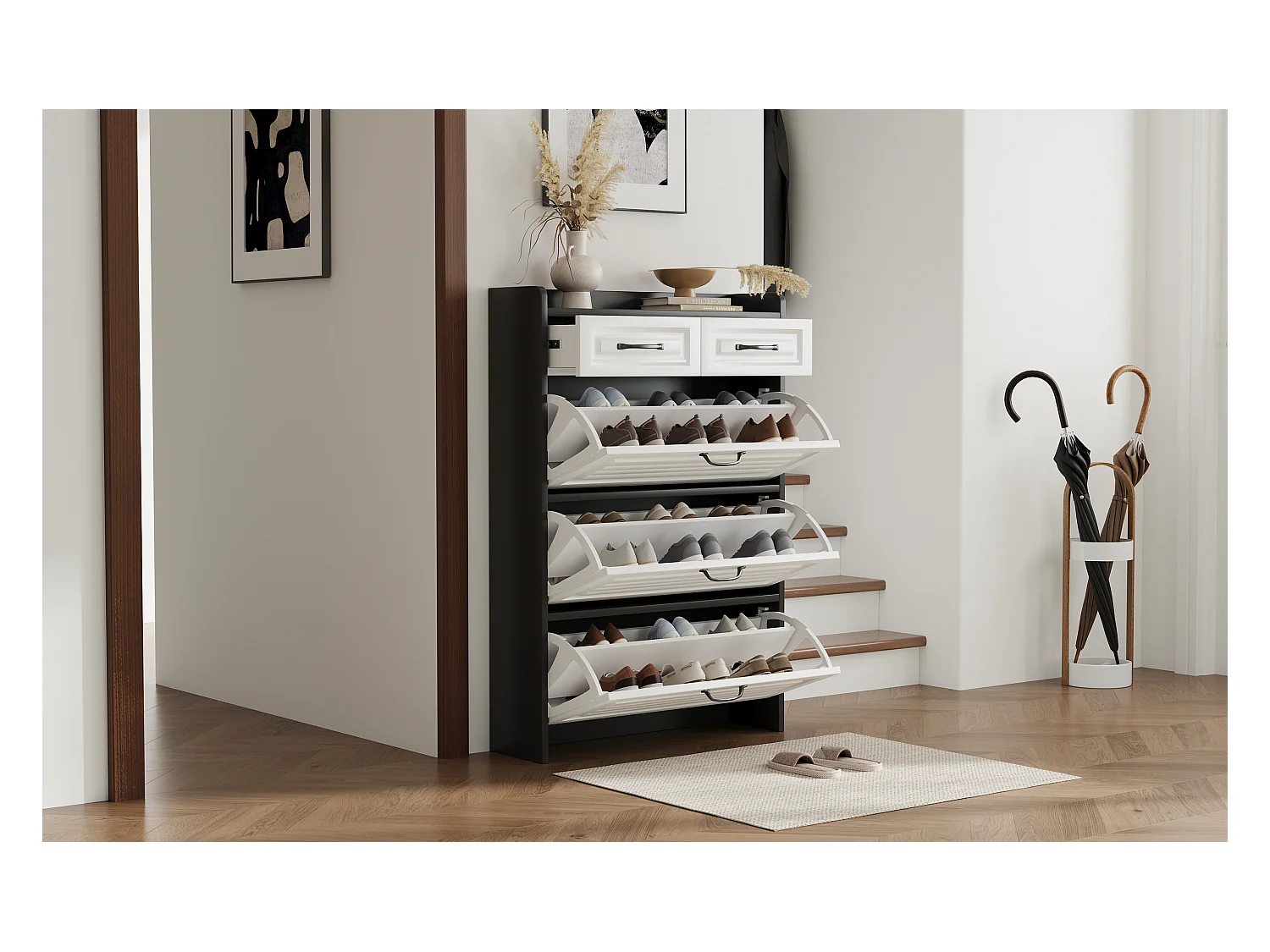 Meuble à chaussures rotatif - 80 x 23.5 x 131 cm - avec 3 abattants + 2 tiroirs - aggloméré - blanc + noir