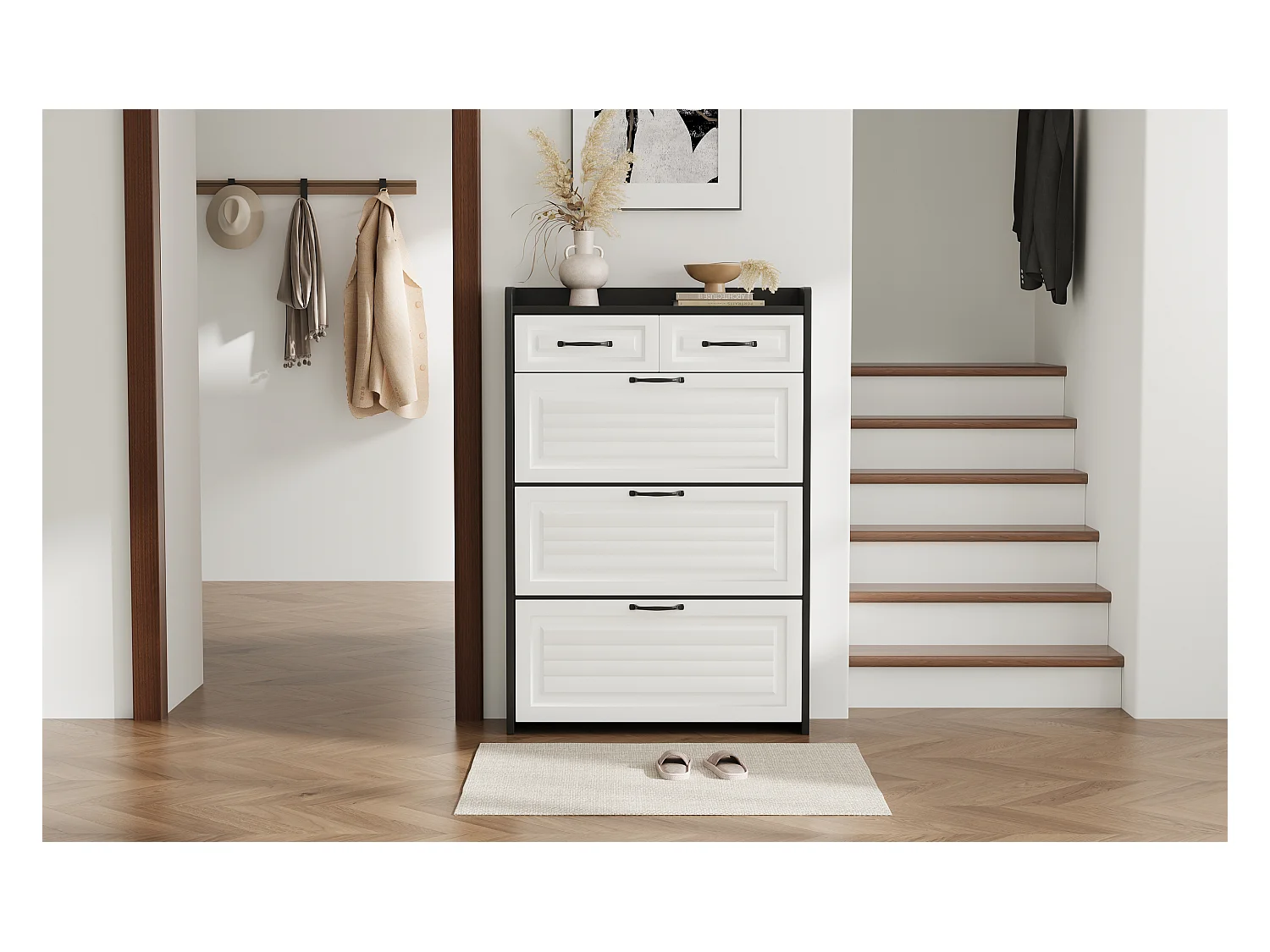 Meuble à chaussures rotatif - 80 x 23.5 x 131 cm - avec 3 abattants + 2 tiroirs - aggloméré - blanc + noir