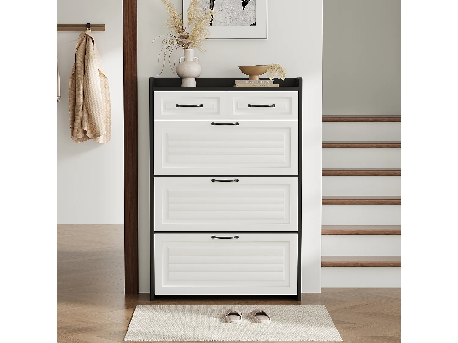 Meuble à chaussures rotatif - 80 x 23.5 x 131 cm - avec 3 abattants + 2 tiroirs - aggloméré - blanc + noir