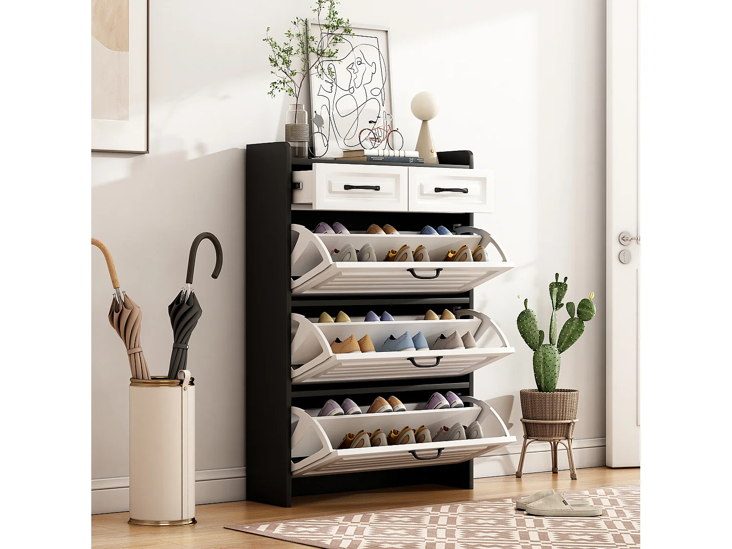 Meuble à chaussures rotatif - 80 x 23.5 x 131 cm - avec 3 abattants + 2 tiroirs - aggloméré - blanc + noir