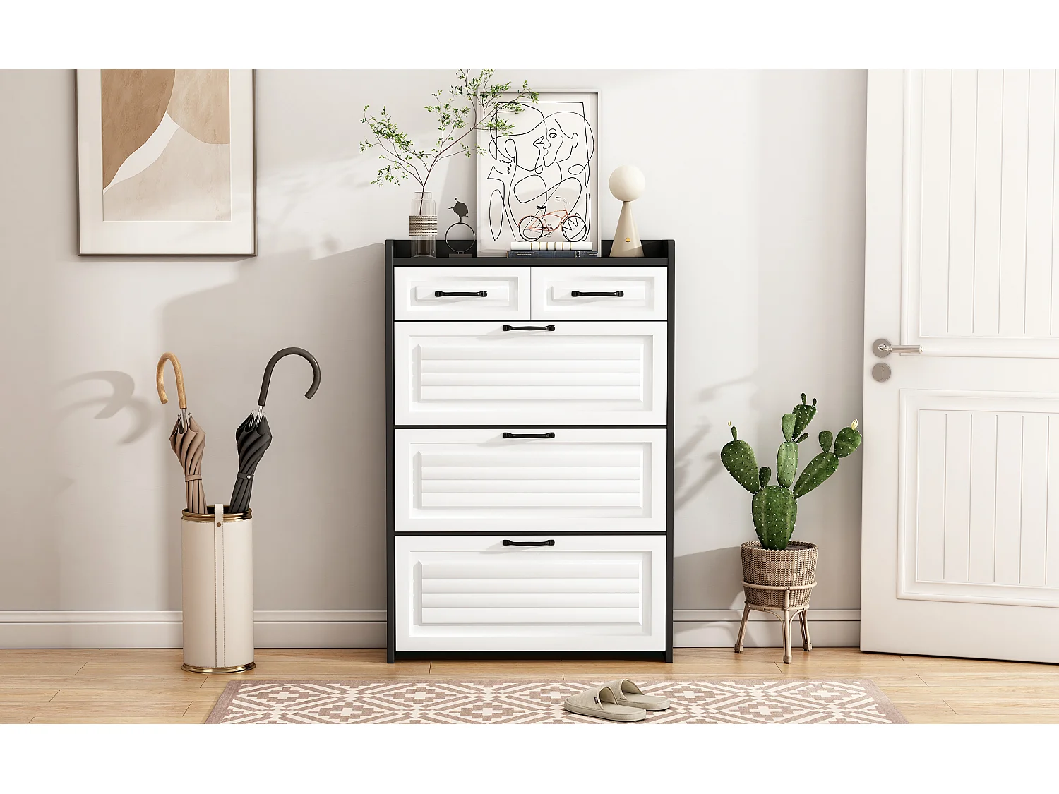 Meuble à chaussures rotatif - 80 x 23.5 x 131 cm - avec 3 abattants + 2 tiroirs - aggloméré - blanc + noir