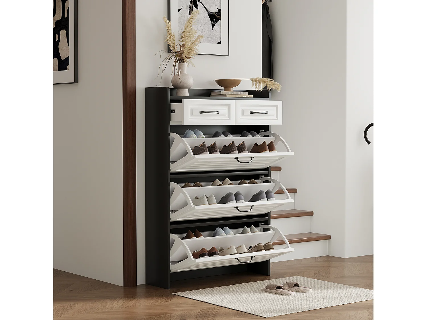 Meuble à chaussures rotatif - 80 x 23.5 x 131 cm - avec 3 abattants + 2 tiroirs - aggloméré - blanc + noir