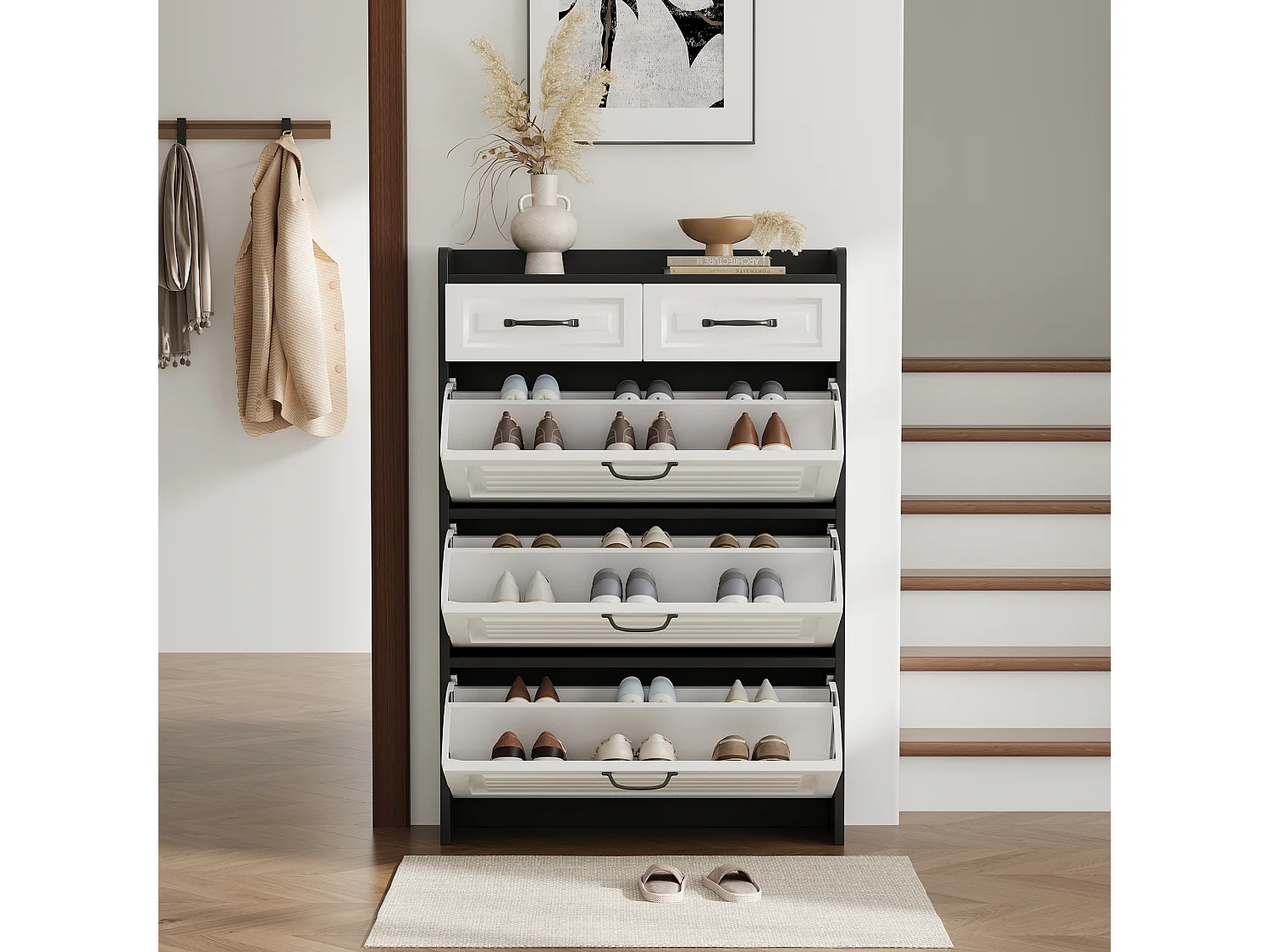 Meuble à chaussures rotatif - 80 x 23.5 x 131 cm - avec 3 abattants + 2 tiroirs - aggloméré - blanc + noir