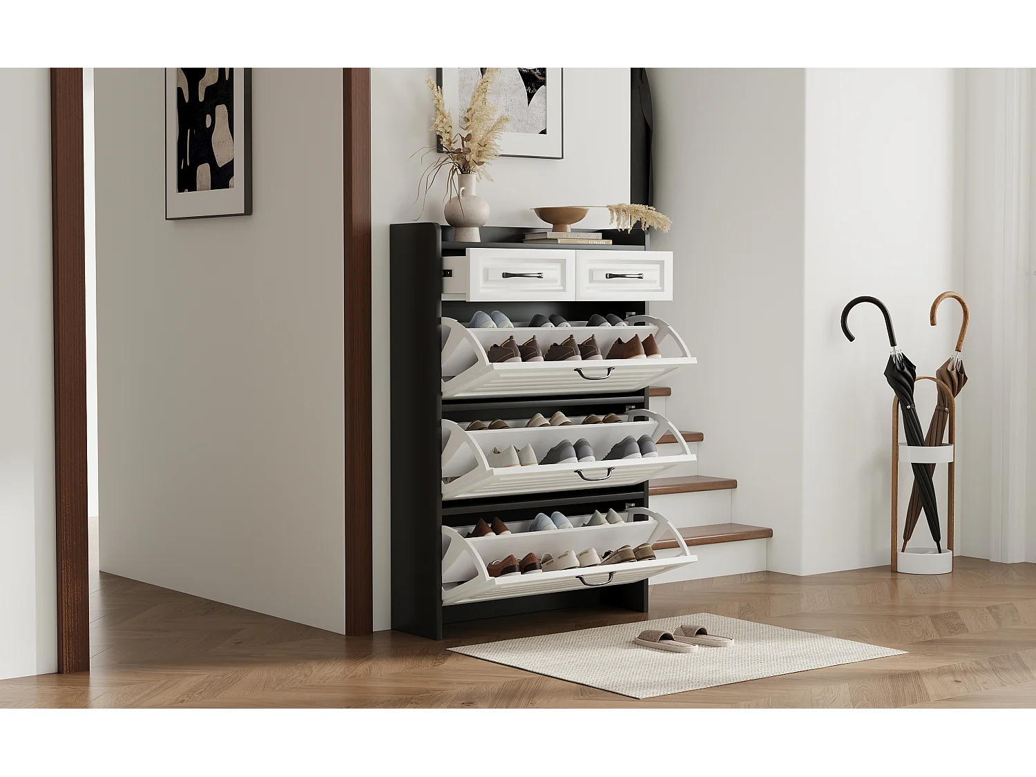 Meuble à chaussures rotatif - 80 x 23.5 x 131 cm - avec 3 abattants + 2 tiroirs - aggloméré - blanc + noir