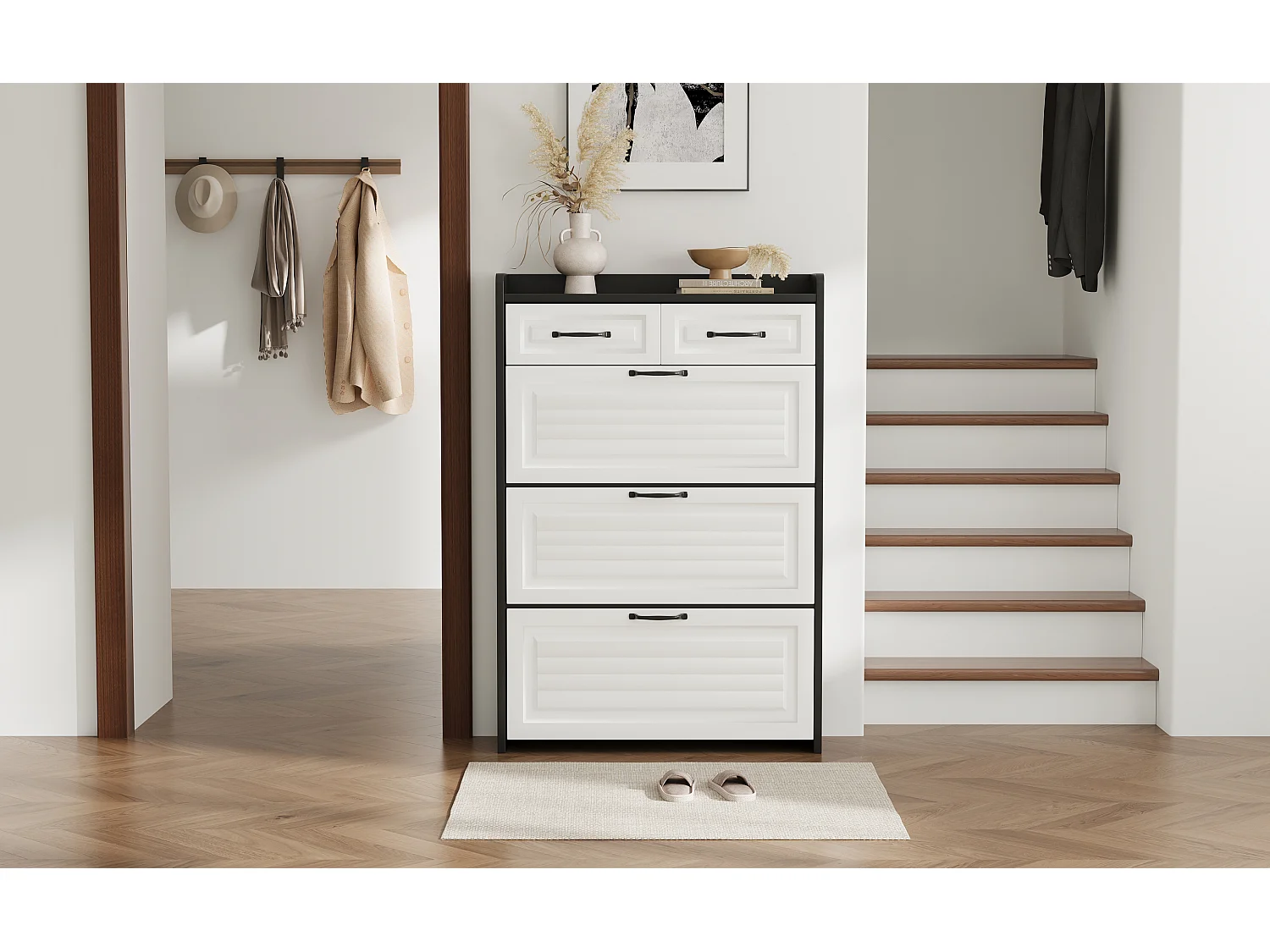 Meuble à chaussures rotatif - 80 x 23.5 x 131 cm - avec 3 abattants + 2 tiroirs - aggloméré - blanc + noir