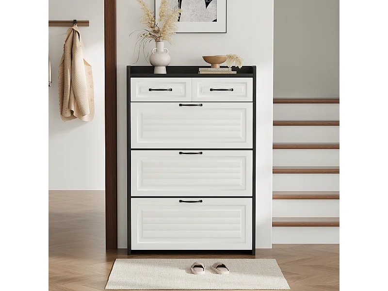 Meuble à chaussures rotatif - 80 x 23.5 x 131 cm - avec 3 abattants + 2 tiroirs - aggloméré - blanc + noir