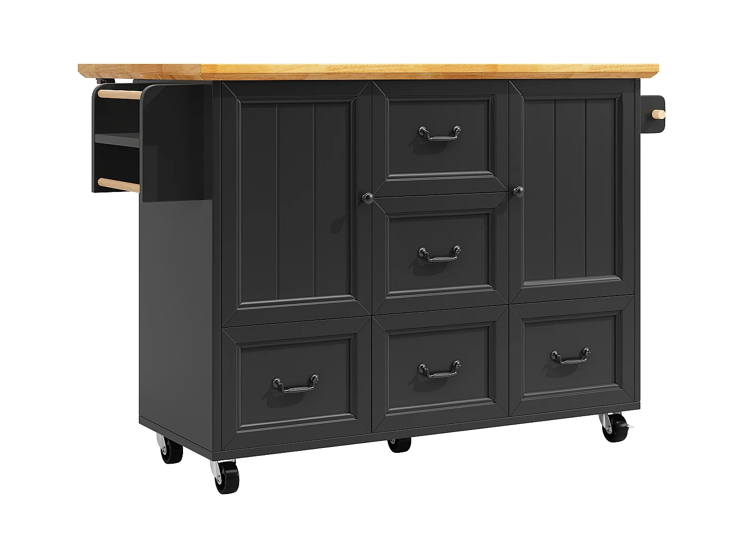 Carrello da cucina nero e naturale con 2 ante e 5 cassetti, ripiani regolabili 140 x 73 (45) x 93 cm