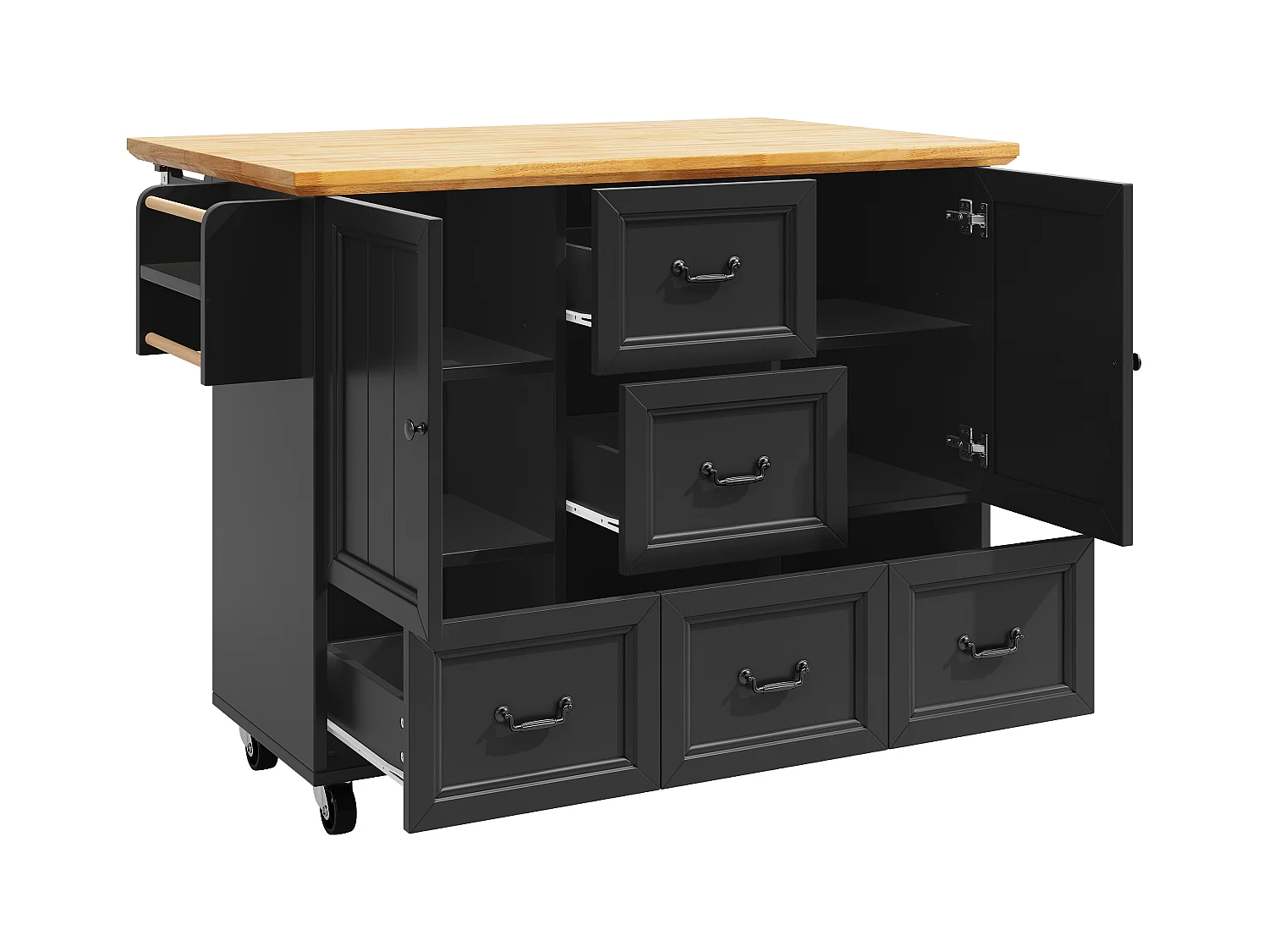 Carrello da cucina nero e naturale con 2 ante e 5 cassetti, ripiani regolabili 140 x 73 (45) x 93 cm