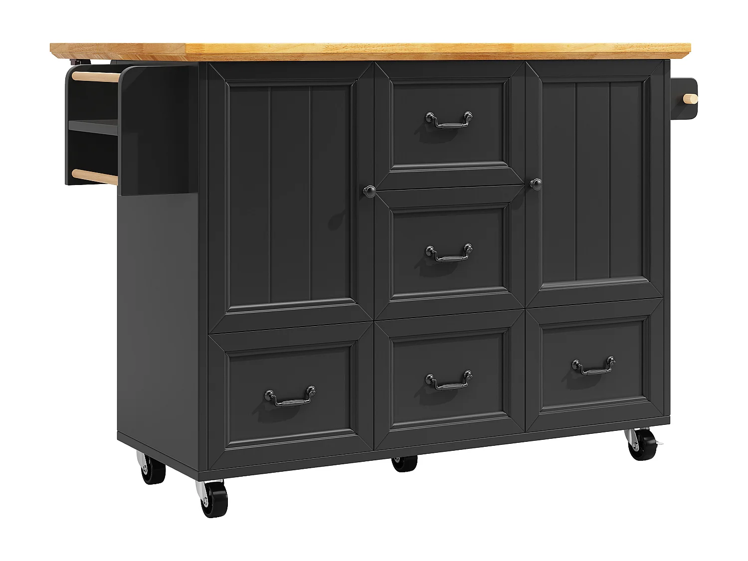 Carrello da cucina nero e naturale con 2 ante e 5 cassetti, ripiani regolabili 140 x 73 (45) x 93 cm