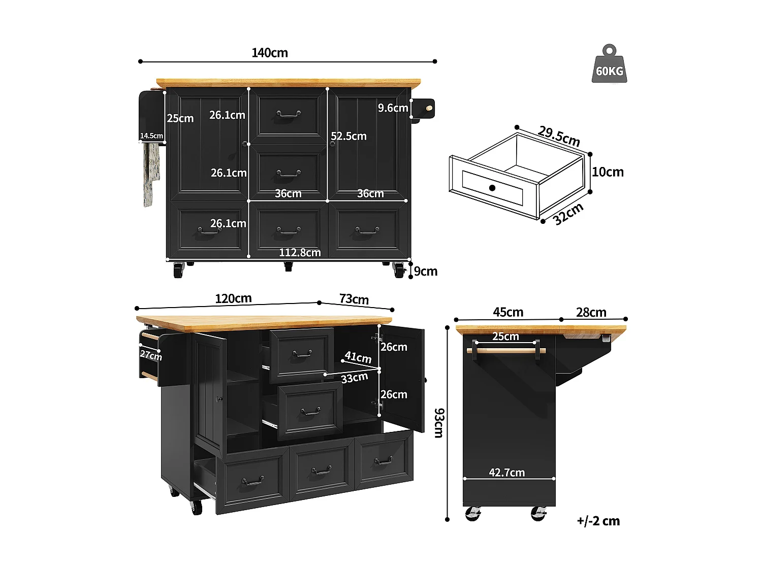 Carrello da cucina nero e naturale con 2 ante e 5 cassetti, ripiani regolabili 140 x 73 (45) x 93 cm