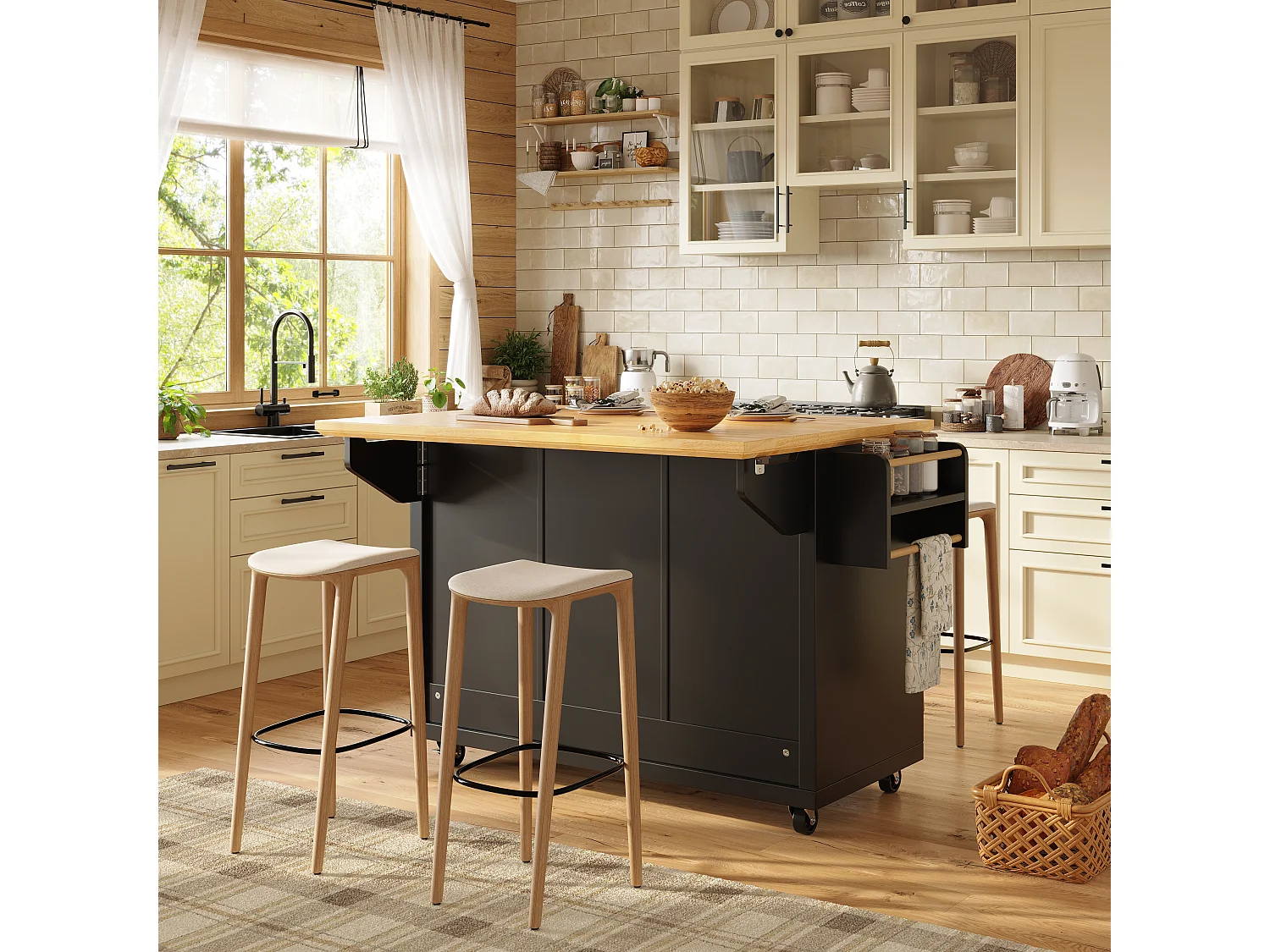 Carrello da cucina nero e naturale con 2 ante e 5 cassetti, ripiani regolabili 140 x 73 (45) x 93 cm