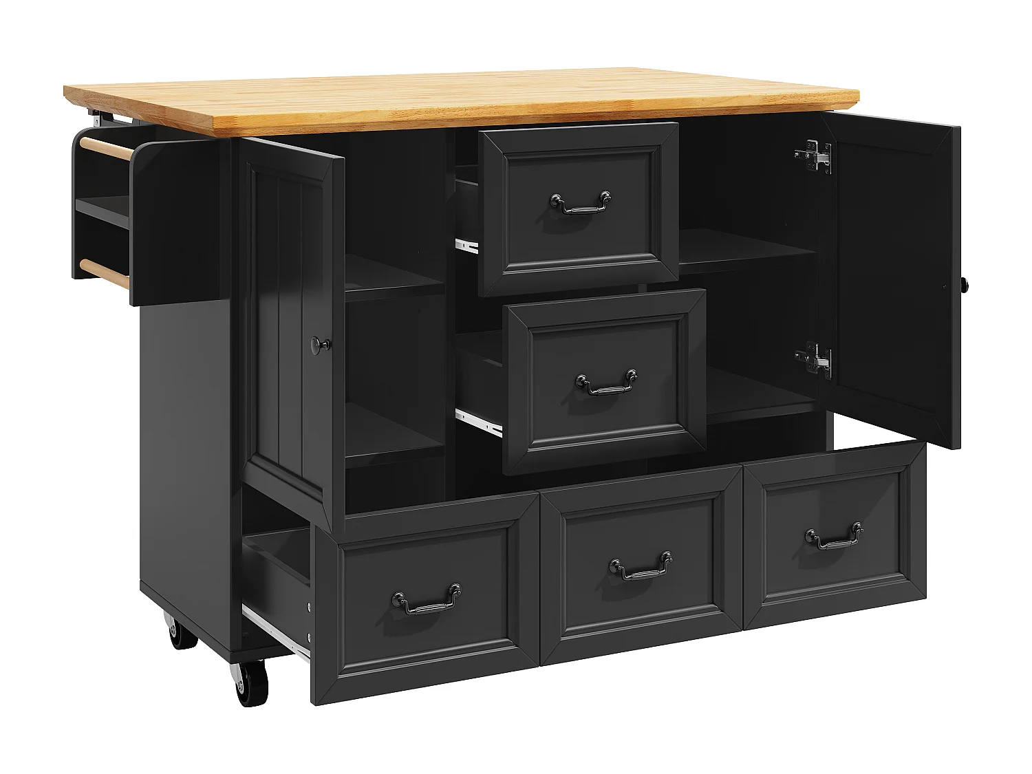 Carrello da cucina nero e naturale con 2 ante e 5 cassetti, ripiani regolabili 140 x 73 (45) x 93 cm