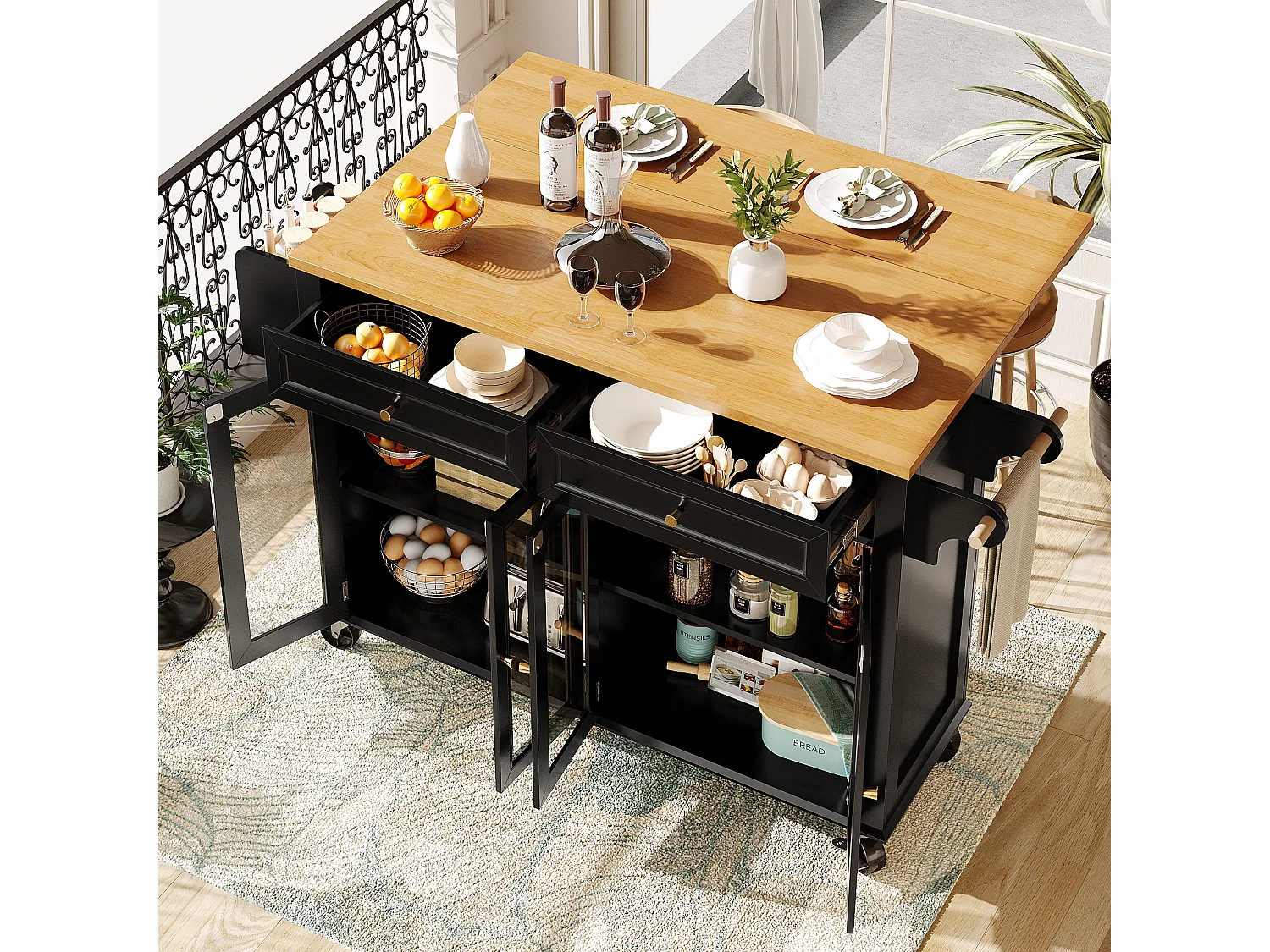Carrello da cucina su ruote, 2 cassetti e 4 ante in vetro, piano estensibile, nero + naturale